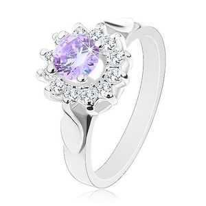 Inel strălucitor cu frunze pe braţe, zirconiu violet deschis, petale transparente - Marime inel: 49 imagine