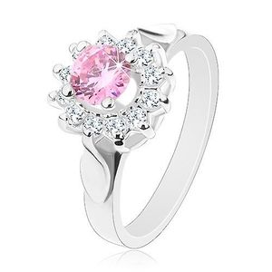 Inel de culoare argintie, floare din zirconiu transparent şi zirconiu roz, frunze lucioase - Marime inel: 49 imagine