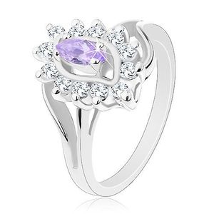 Inel de culoare argintie, braţe despicate, formă de bob violet, margine transparentă - Marime inel: 54 imagine