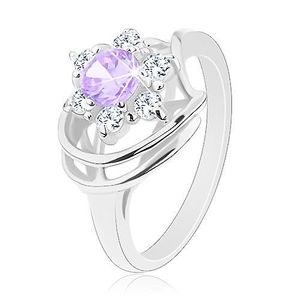Inel lucios de culoare argintie, floare din zirconiu violet şi zirconiu transparent, arcade - Marime inel: 48 imagine
