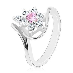 Inel lucios de culoare argintie, brațe curbate, floare din zirconii roz-transparent - Marime inel: 49 imagine