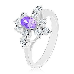Inel strălucitor de culoare argintie, zirconiu oval, violet, zirconii transparente - Marime inel: 52 imagine