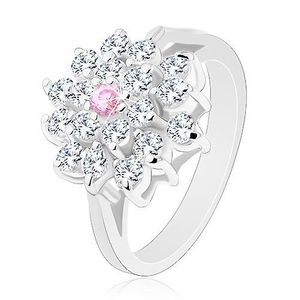 Inel cu braţe despicate, floare mare, transparentă cu un zirconiu roz în mijloc - Marime inel: 49 imagine