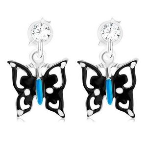 Cercei cu fluture în culori negru-albastru-alb, argint 925, cristal imagine