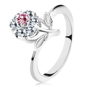 Inel lucios cu floare cu zirconii roz și transparente, tulpină cu frunze - Marime inel: 53 imagine