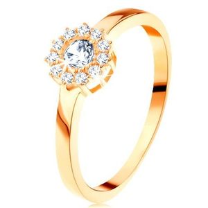 Inel din aur galben de 14K - floare lucioasă cu zirconii rotunde, transparente - Marime inel: 49 imagine