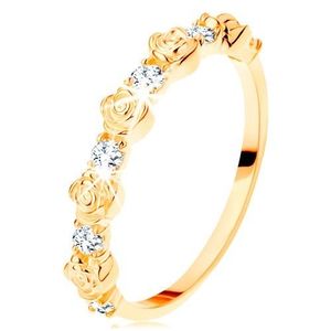 Inel de aur galben de 14K - trandafiri așezați alternativ și zirconii rotunde, transparente - Marime inel: 49 imagine