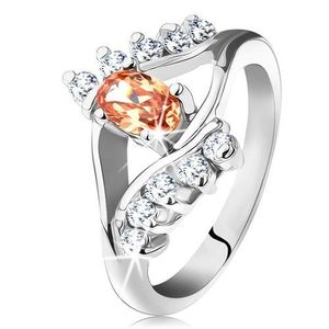 Inel de culoare argintie cu brațe despicate, zirconiu oval portocaliu, linii de zirconii transparente - Marime inel: 49 imagine