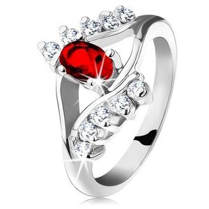 Inel strălucitor de culoare argintie, oval roșu fațetat, zirconii transparente - Marime inel: 48 imagine