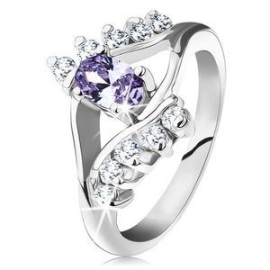 Inel de culoare argintie, zirconiu oval violet deschis, linii din zirconii transparente - Marime inel: 49 imagine
