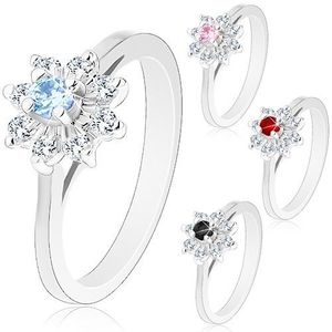 Inel lucios de culoare argintie, braţe înguste, zirconii în formă de floare - Marime inel: 49, Culoare: Albastru deschis imagine