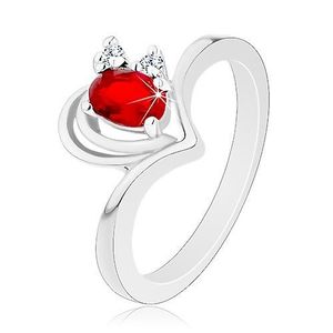 Inel lucios de culoare argintie, contur de inimă, zirconiu roşu şi zirconii transparente - Marime inel: 48 imagine