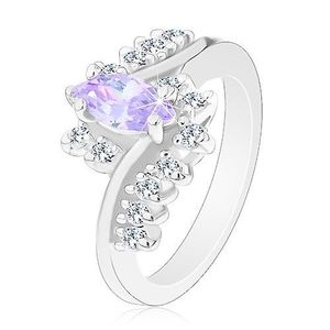Inel de culoare argintie, zirconiu în formă de bob violet deschis, linii din zirconii transparente - Marime inel: 52 imagine