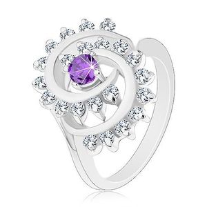Inel de culoare argintie, spirală mare din zirconii transparente cu centru violet - Marime inel: 51 imagine