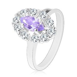 Inel de culoare argintie, formă de bob violet deschis cu margine din zirconii transparente - Marime inel: 53 imagine