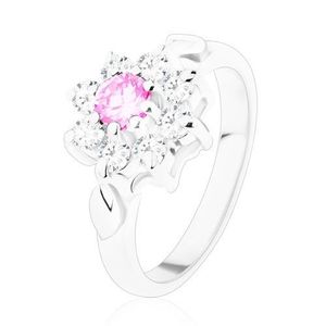 Inel de culoare argintie, floare din zirconiu roz şi zirconii transparente, frunze mici - Marime inel: 49 imagine