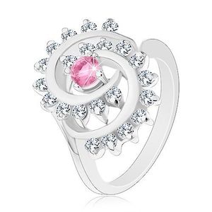 Inel de culoare argintie, spirală cu margine transparentă, zirconiu roz, rotund - Marime inel: 50 imagine