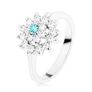 Inel cu brațe înguste, cerc transparent, floare din zirconii transparente și acquamarine - Marime inel: 58 imagine