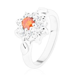 Inel strălucitor cu o floare și frunze, zirconii portocalii și transparente - Marime inel: 49 imagine