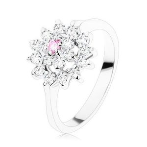 Inel strălucitor - brațe înguste, lucioase, floare din zirconii roz și transparente într-un cerc - Marime inel: 49 imagine