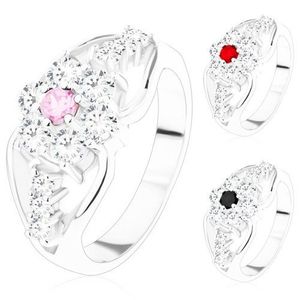 Inel cu floare din zirconiu şi braţe despicate, trei zirconii transparente - Marime inel: 51, Culoare: Roz imagine