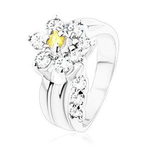Inel strălucitor, tulpină de floare despărţită formată din zirconii transparente, floare cu zirconii transparente şi galbene - Marime inel: 49 imagine