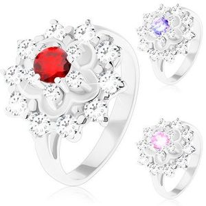 Inel strălucitor de culoare argintie, contur floare, zirconii rotunde - Marime inel: 50, Culoare: Mov Deschis imagine