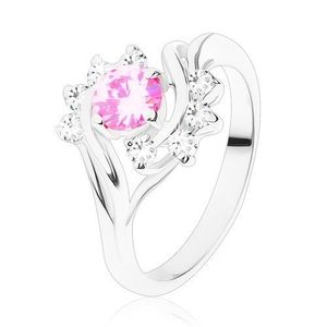 Inel lucios cu brațe înguste de culoare argintie, zirconiu roz, arcadă transparentă - Marime inel: 51 imagine