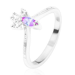 Inel cu brațe crestate, zirconiu în formă de bob de culoare violet deschis, trei zirconii transparente - Marime inel: 52 imagine