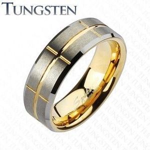 Inel din tungsten în două culori, argintiu şi auriu, crestături, 8 mm - Marime inel: 49 imagine