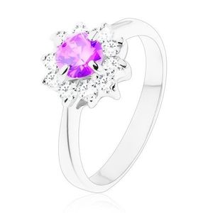 Inel de culoare argintie, braţe înguste, floare din zirconii violet şi transparente - Marime inel: 49 imagine