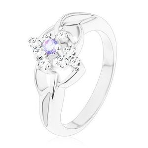 Inel strălucitor de culoare argintie, brațe asimetrice, zirconiu de culoare violet deschis - Marime inel: 48 imagine
