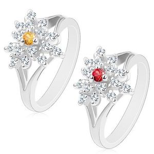 Inel strălucitor cu brațe despicate, floare din zirconii transparente, centru colorat - Marime inel: 53, Culoare: Roșu imagine