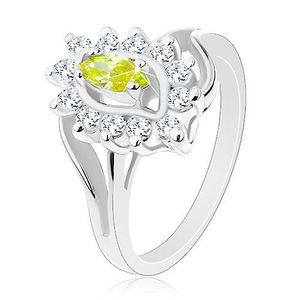 Inel strălucitor de culoare argintie, formă de bob galben-verzui, zirconii transparente - Marime inel: 52 imagine