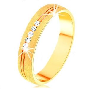 Inel din aur galben de 14K cu suprafaţă satinată, crestătură dublă, zirconii transparente - Marime inel: 49 imagine