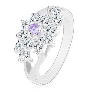Inel cu braţe lucioase despicate, floare transparentă cu centrul violet - Marime inel: 49 imagine
