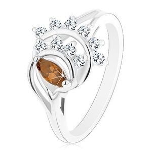 Inel cu brațe lucioase despicate, bob de culoare maro, arcadă compusă din zirconii transparente - Marime inel: 52 imagine