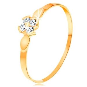 Inel din aur galben de 14K - floare compusă din patru zirconii transparente, frunze lucioase - Marime inel: 49 imagine