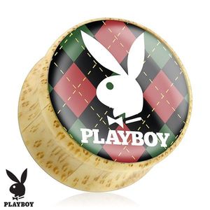 Plug pentru ureche realizat din bambus, iepurașul Playboy pe bază cadrilată - Lățime: 10 mm imagine