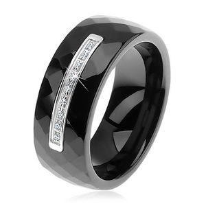 Inel realizat din ceramică neagră cu suprafaţă fațetată, linie îngustă din oţel, zirconii - Marime inel: 51 imagine