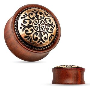 Plug de ureche formă de şa realizat din mahon, cerc gravat - Lățime: 10 mm imagine