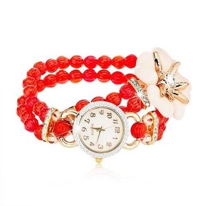 Ceas de mână format din mărgele roşii, ecran cu zirconii, floare albă cu zirconiu imagine