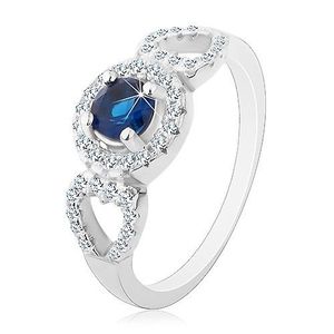 Inel realizat din argint 925, zirconiu albastru rotund, contur inimă lucioasă, contur pe laterale - Marime inel: 49 imagine