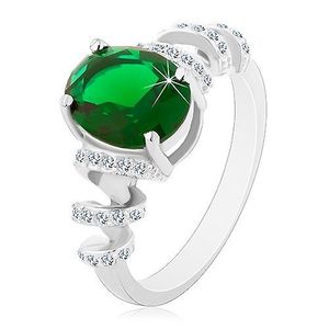 Inel de logodnă placat cu rodiu, argint 925, zirconiu oval verde, spirală strălucitoare - Marime inel: 49 imagine