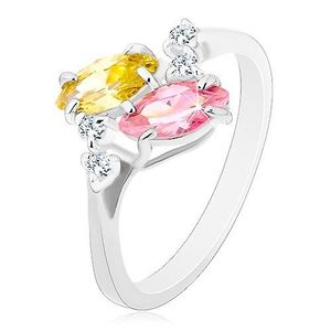 Inel de culoare argintie, zirconii roz și galbene în formă de bob, zirconii transparente - Marime inel: 56 imagine