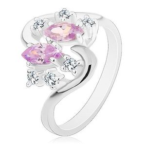 Inel de culoare argintie cu braţe curbate, zirconii violet deschis și transparente - Marime inel: 49 imagine