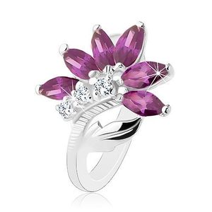 Inel strălucitor de culoare argintie, floare violet închis, frunză lucioasă - Marime inel: 49 imagine