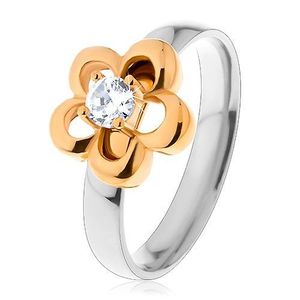 Inel lucios bicolor din oțel, contur de floare cu zirconiu rotund ridicat, transparent - Marime inel: 49 imagine