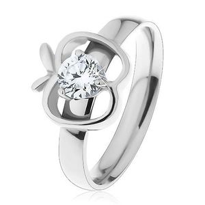 Inel realizat din oțel 316L de culoare argintie, contur de măr cu zirconiu rotund, transparent - Marime inel: 51 imagine