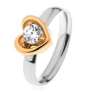 Inel din oțel 316L - bicolor, contur inimă, zirconiu transparent - Marime inel: 49 imagine